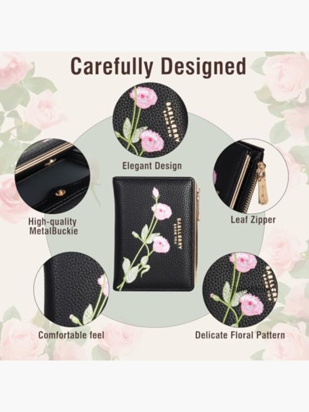 Bifold Embroidery Flower RFID Blocking Wallet with Zipper Pocket - Picture 3 of 7